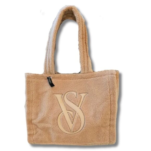 NEW Victoria's Secret Tan Sherpa Tote Bag Large Fur Tote Snap Closure VS Logo - Picture 2 of 13